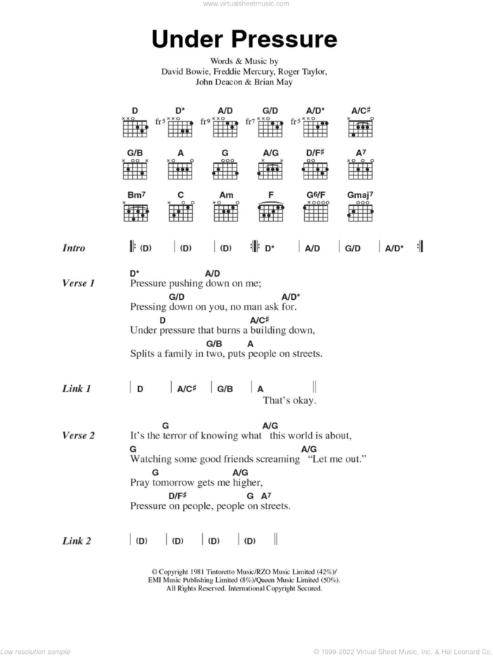 Under Pressure sheet music for guitar (chords) by David Bowie, Brian May, Freddie Mercury, John Deacon and Roger Taylor, intermediate skill level