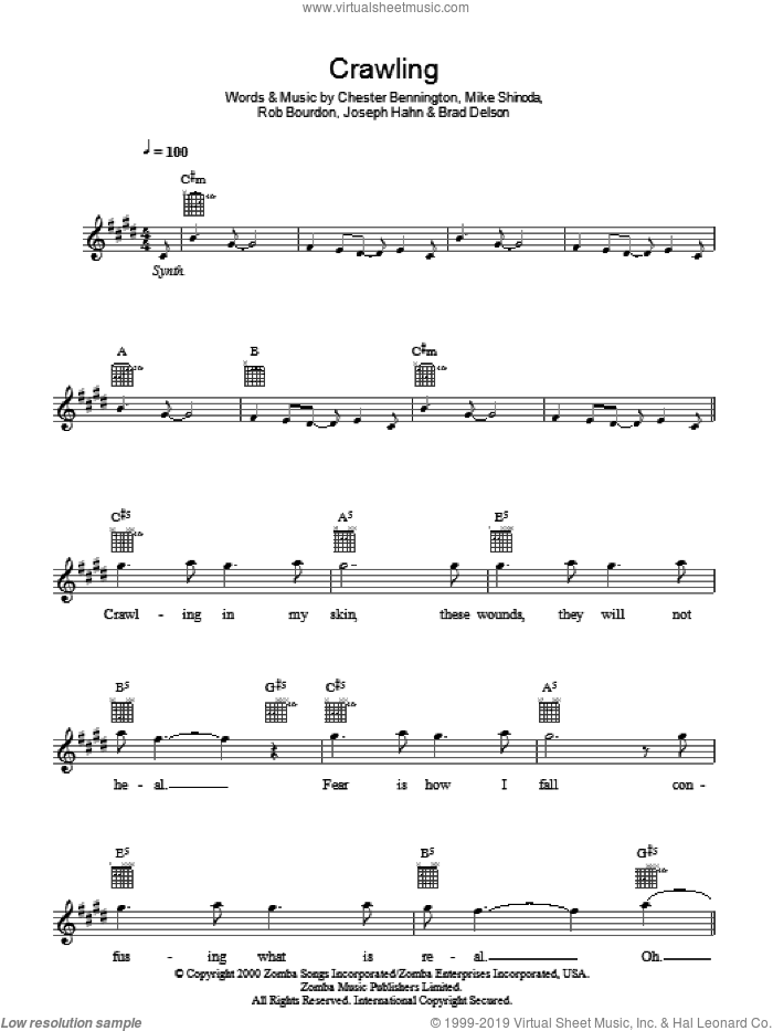 Crawling sheet music for voice and other instruments (fake book) by Linkin Park, Brad Delson, Chester Bennington, Joseph Hahn, Mike Shinoda and Rob Bourdon, intermediate skill level