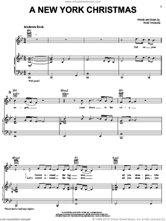 A New York Christmas sheet music for voice, piano or guitar by Rob Thomas, intermediate skill level