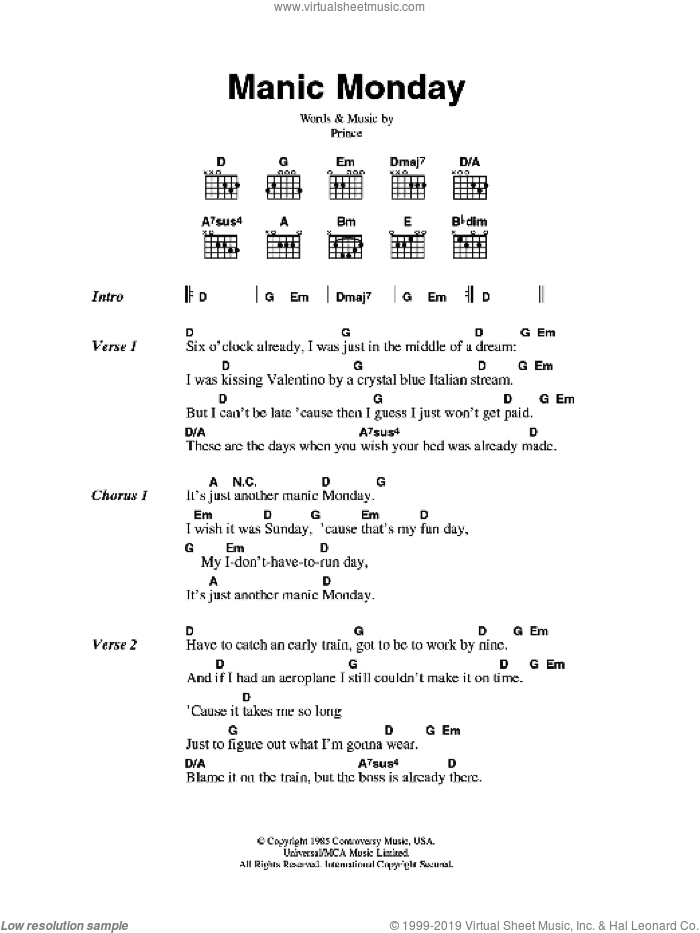 Manic Monday sheet music for guitar (chords) by The Bangles and Prince, intermediate skill level