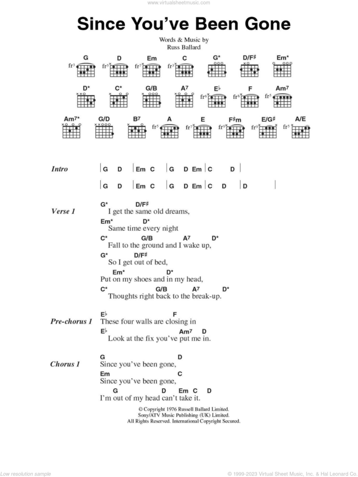 Since You've Been Gone sheet music for guitar (chords) by Rainbow and Russ Ballard, intermediate skill level