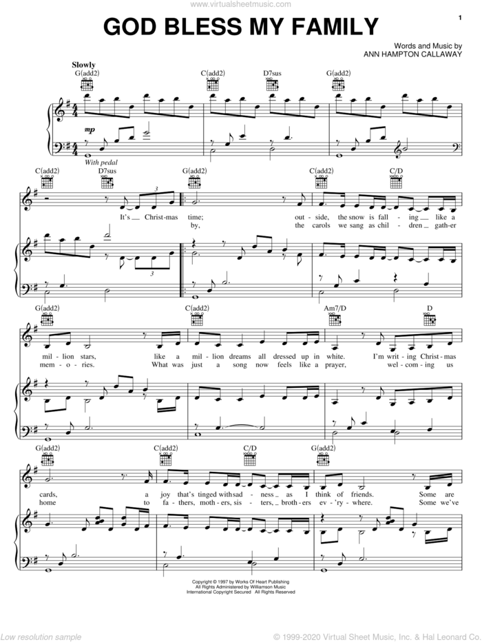 God Bless My Family sheet music for voice, piano or guitar by Ann Hampton Callaway, intermediate skill level