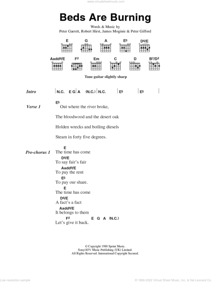 Beds Are Burning sheet music for guitar (chords) by Midnight Oil, Jim Moginie, Peter Garrett and Robert Hirst, intermediate skill level
