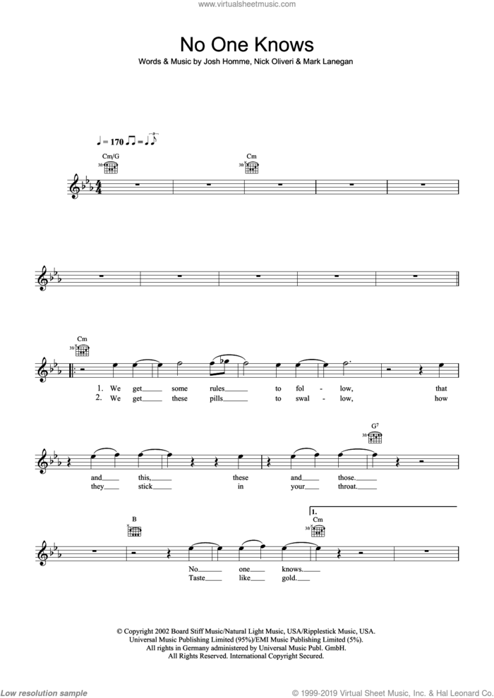 No One Knows sheet music for voice and other instruments (fake book) by Queens Of The Stone Age, Josh Homme, Mark Lanegan and Nick Oliveri, intermediate skill level