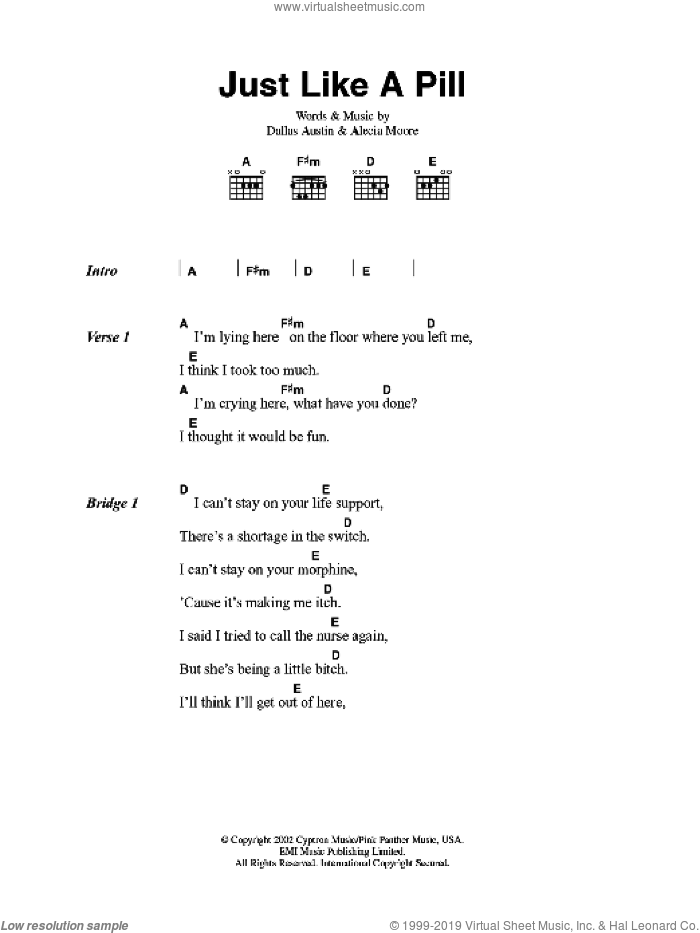 Just Like A Pill sheet music for guitar (chords) , Alecia Moore and Dallas Austin, intermediate skill level