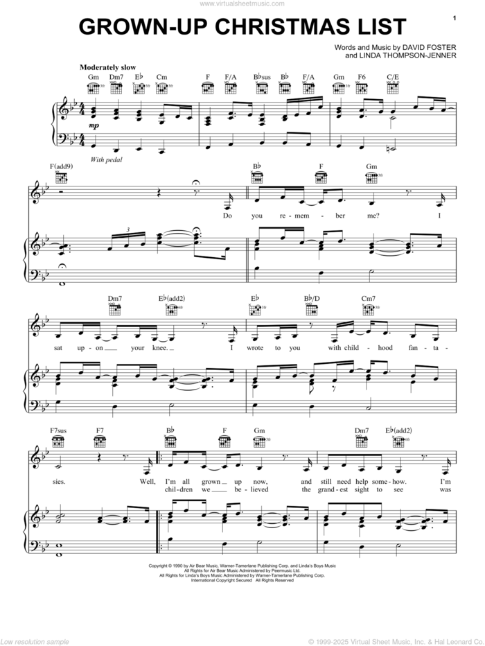 Grown-Up Christmas List sheet music for voice, piano or guitar by Amy Grant, David Foster and Linda Thompson-Jenner, intermediate skill level