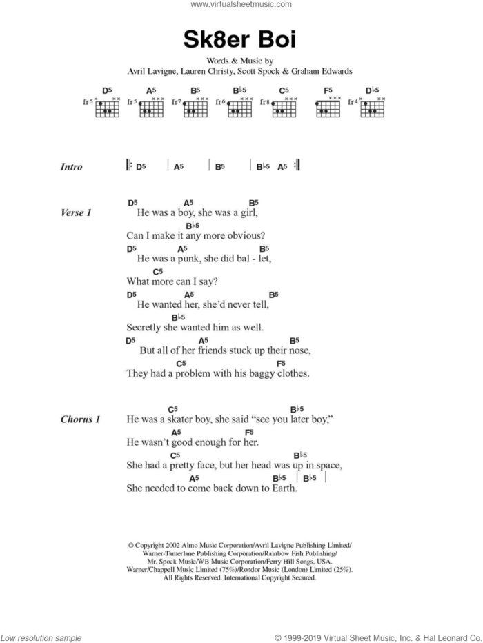 Sk8er Boi sheet music for guitar (chords) by Avril Lavigne, David Alspach, Graham Edwards and Lauren Christy, intermediate skill level