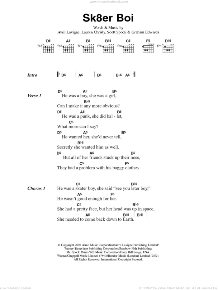 Sk8er Boi sheet music for guitar (chords) by Avril Lavigne, David Alspach, Graham Edwards and Lauren Christy, intermediate skill level