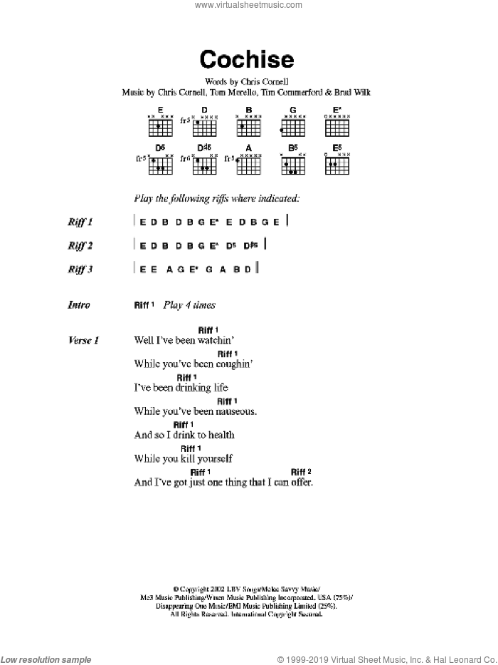 Cochise sheet music for guitar (chords) by Audioslave, Brad Wilk, Chris Cornell, Tim Commerford and Tom Morello, intermediate skill level