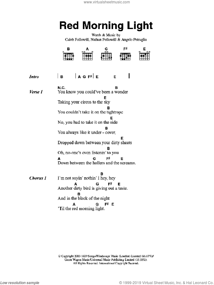 Red Morning Light sheet music for guitar (chords) by Kings Of Leon, Angelo Petraglia, Caleb Followill and Nathan Followill, intermediate skill level