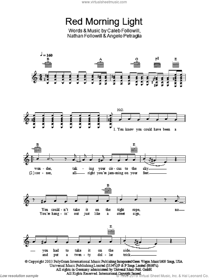 Red Morning Light sheet music for voice and other instruments (fake book) by Kings Of Leon, Angelo Petraglia, Caleb Followill and Nathan Followill, intermediate skill level