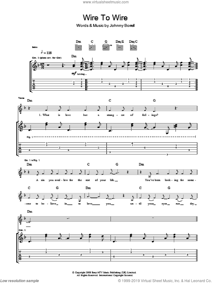 Wire To Wire sheet music for guitar (tablature) by Razorlight and Johnny Borrell, intermediate skill level