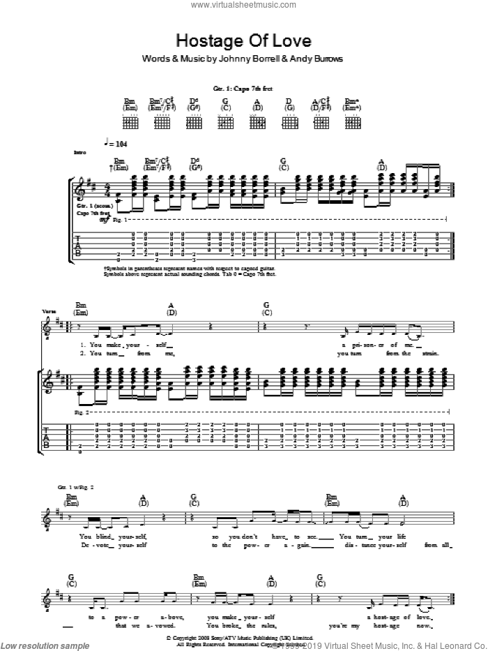 Hostage Of Love sheet music for guitar (tablature) by Razorlight, Andy Burrows and Johnny Borrell, intermediate skill level