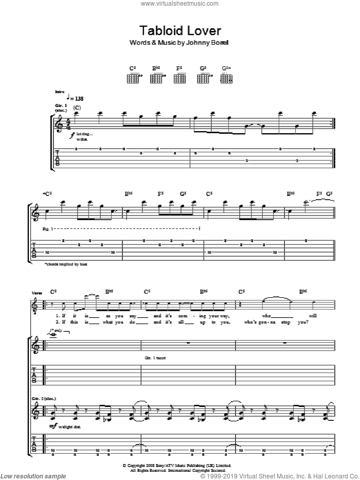 Tabloid Lover sheet music for guitar (tablature) by Razorlight and Johnny Borrell, intermediate skill level