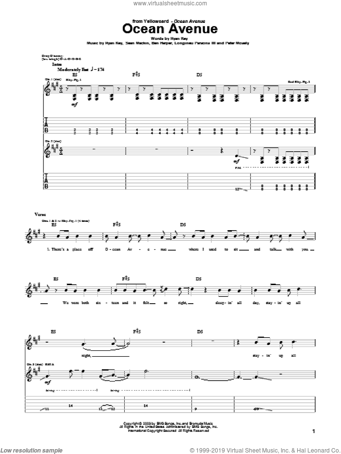 Ocean Avenue sheet music for guitar (tablature) by Yellowcard, Ben Harper, Longineu Parsons, Ryan Key and Sean Mackin, intermediate skill level