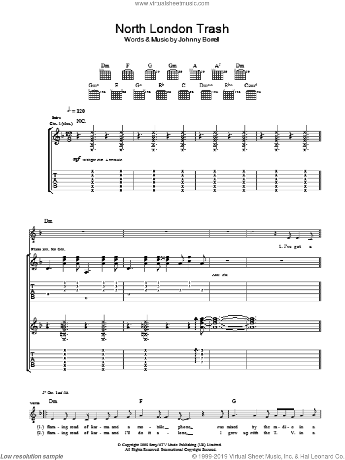 North London Trash sheet music for guitar (tablature) by Razorlight and Johnny Borrell, intermediate skill level