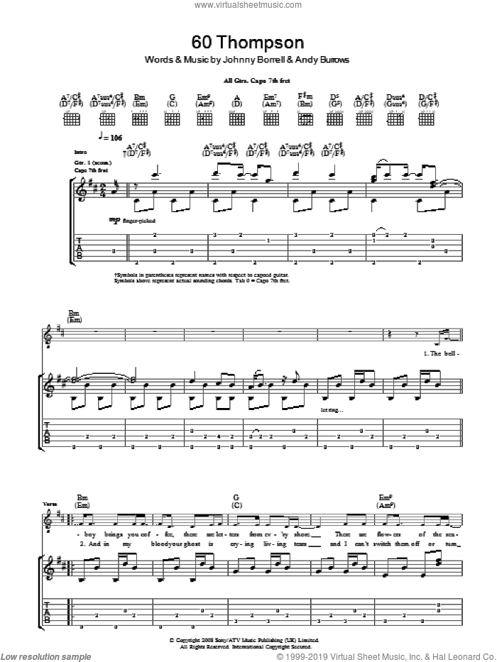 60 Thompson sheet music for guitar (tablature) by Razorlight, Andy Burrows and Johnny Borrell, intermediate skill level