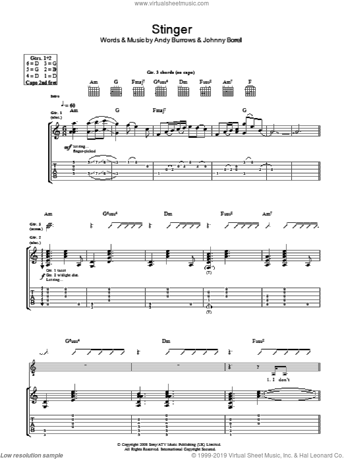 Stinger sheet music for guitar (tablature) by Razorlight, Andy Burrows and Johnny Borrell, intermediate skill level