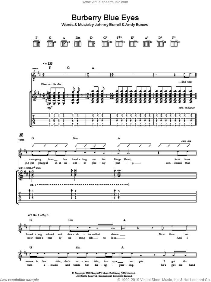 Burberry Blue Eyes sheet music for guitar (tablature) by Razorlight, Andy Burrows and Johnny Borrell, intermediate skill level
