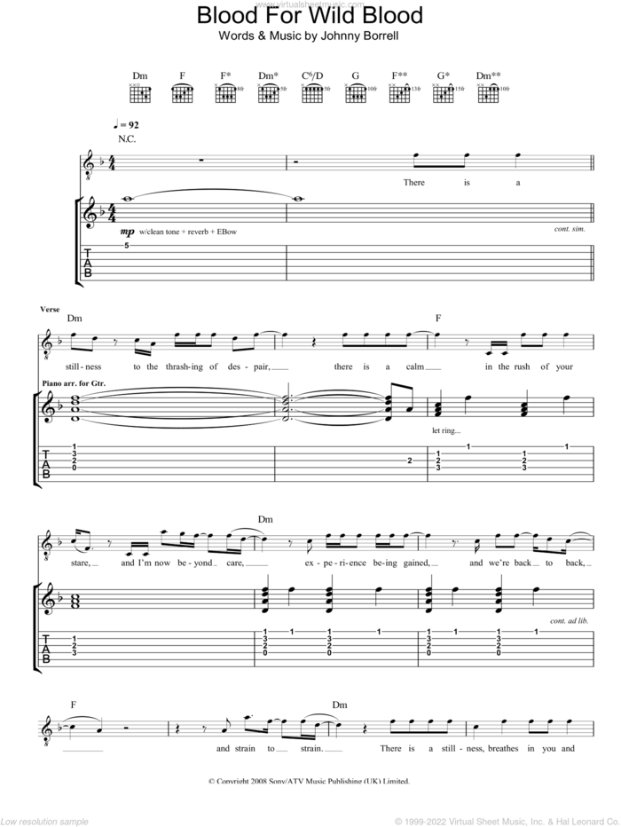 Blood For Wild Blood sheet music for guitar (tablature) by Razorlight and Johnny Borrell, intermediate skill level