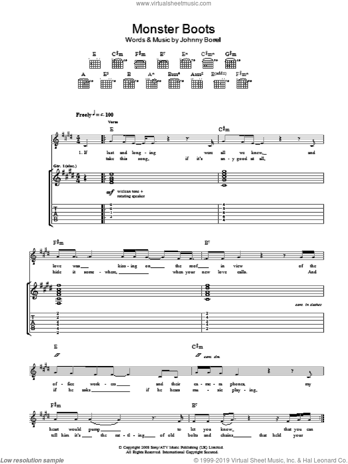 Monster Boots sheet music for guitar (tablature) by Razorlight and Johnny Borrell, intermediate skill level