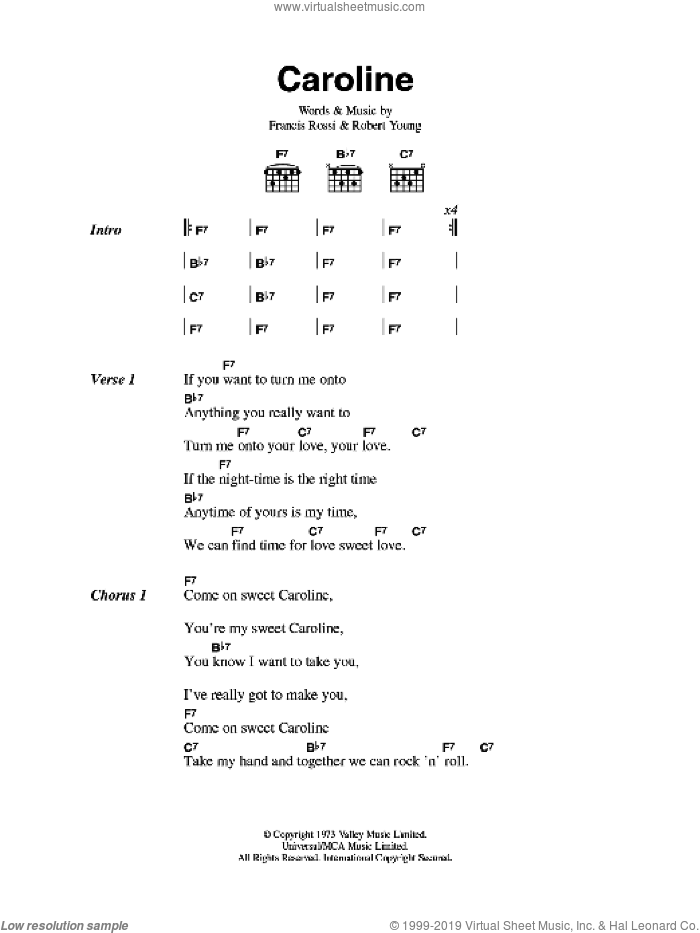 Caroline sheet music for guitar (chords) by Status Quo, Francis Rossi and Robert Young, intermediate skill level