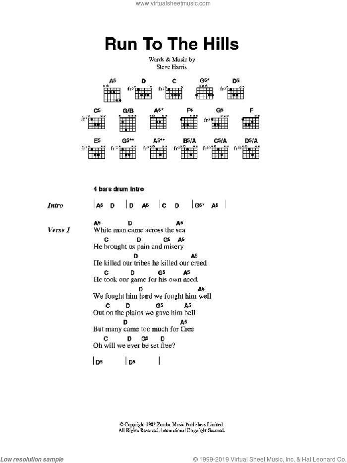 Run To The Hills sheet music for guitar (chords) by Iron Maiden and Steve Harris, intermediate skill level