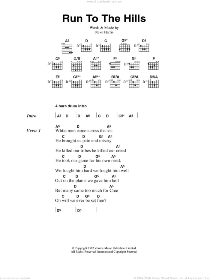 Run To The Hills sheet music for guitar (chords) by Iron Maiden and Steve Harris, intermediate skill level