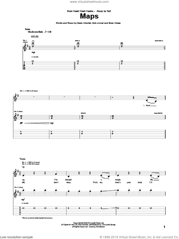 Maps sheet music for guitar (tablature) by Yeah Yeah Yeahs, Brian Chase, Karen Orzolek and Nick Zinner, intermediate skill level