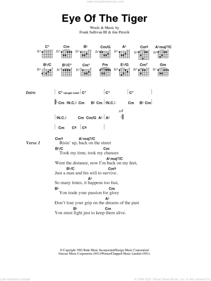 Eye Of The Tiger sheet music for guitar (chords) by Survivor, Frank Sullivan and Jim Peterik, intermediate skill level
