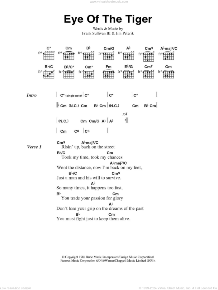 Eye Of The Tiger sheet music for guitar (chords) by Survivor, Frank Sullivan and Jim Peterik, intermediate skill level