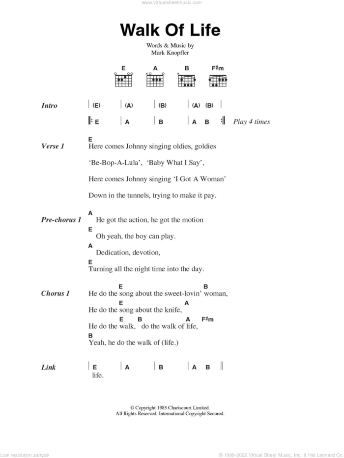 Walk Of Life sheet music for guitar (chords) by Dire Straits and Mark Knopfler, intermediate skill level