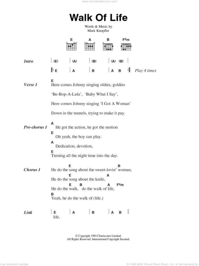 Walk Of Life sheet music for guitar (chords) by Dire Straits and Mark Knopfler, intermediate skill level