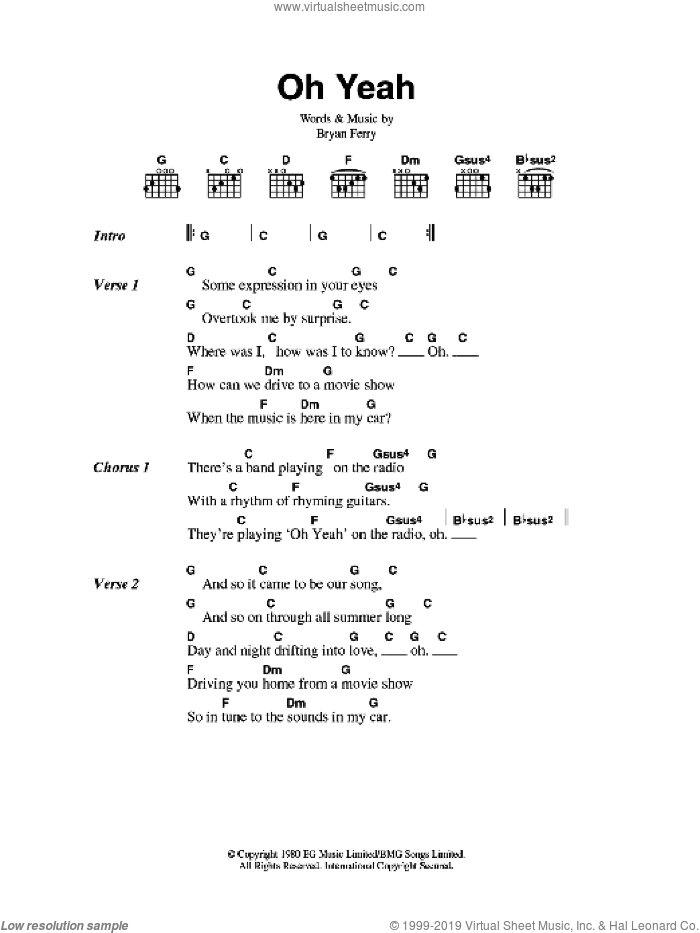 Oh Yeah sheet music for guitar (chords) by Roxy Music and Bryan Ferry, intermediate skill level