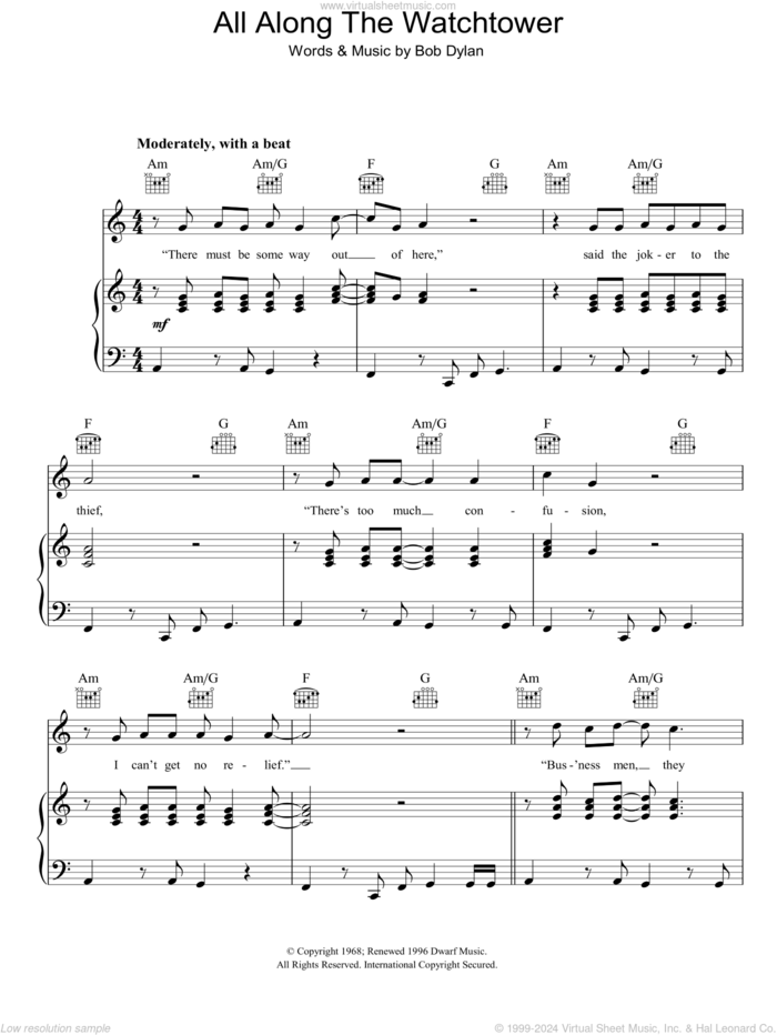 All Along The Watchtower sheet music for voice, piano or guitar by Bob Dylan, intermediate skill level