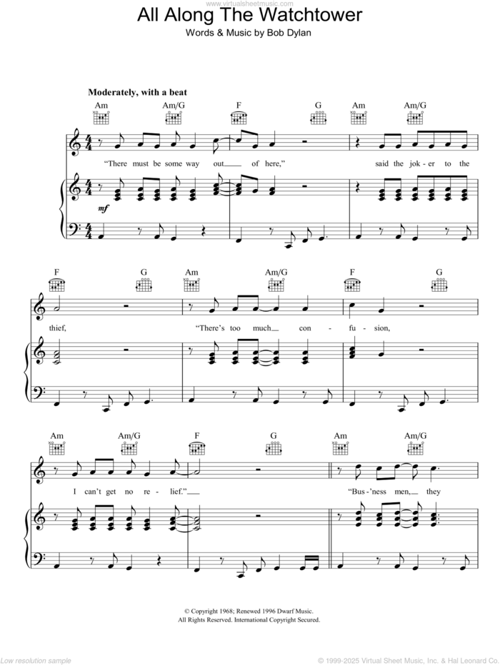 All Along The Watchtower sheet music for voice, piano or guitar by Bob Dylan, intermediate skill level