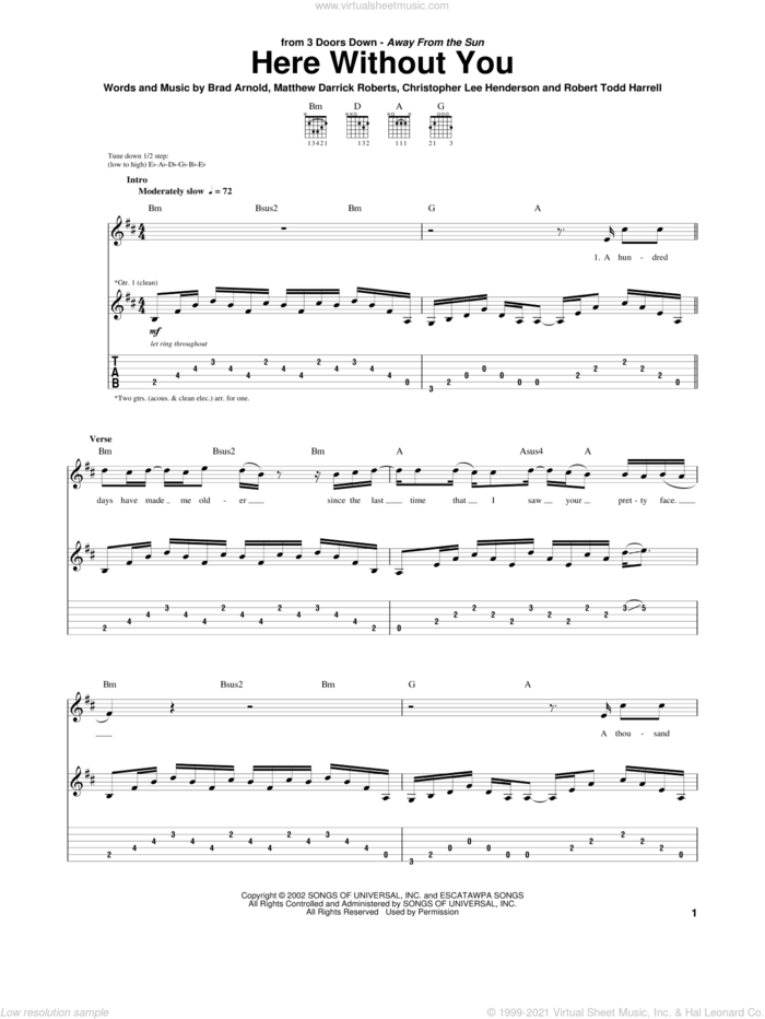 Here Without You sheet music for guitar (tablature) by 3 Doors Down, Brad Arnold, Christopher Henderson, Matt Roberts and Robert Harrell, intermediate skill level