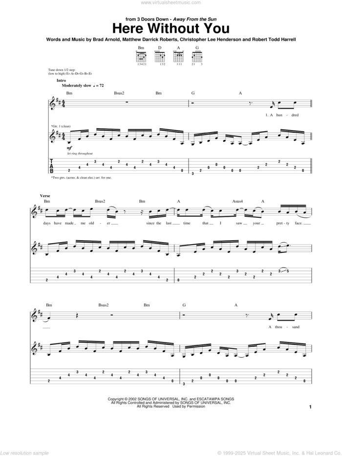 Here Without You sheet music for guitar (tablature) by 3 Doors Down, Brad Arnold, Christopher Henderson, Matt Roberts and Robert Harrell, intermediate skill level