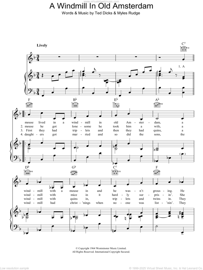 A Windmill In Old Amsterdam sheet music for voice, piano or guitar by Ronnie Hilton, Myles Rudge and Ted Dicks, intermediate skill level