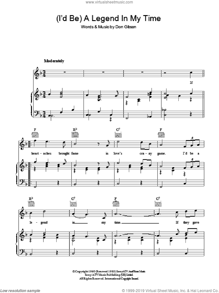 (I'd Be) A Legend In My Time sheet music for voice, piano or guitar by Don Gibson and Sammy Davis, Jr., intermediate skill level