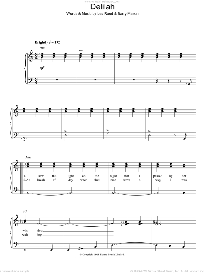 Delilah sheet music for piano solo by Tom Jones, Barry Mason and Les Reed, intermediate skill level