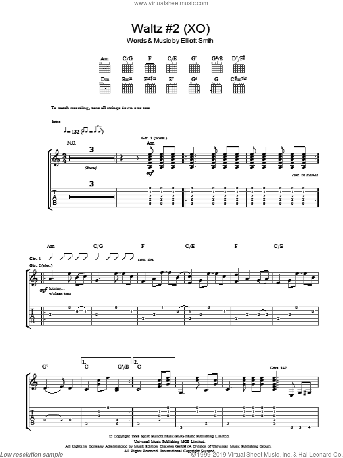 Waltz #2 (XO) sheet music for guitar (tablature) by Elliott Smith, intermediate skill level