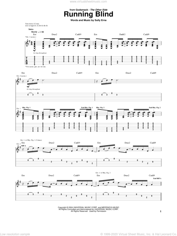 Running Blind sheet music for guitar (tablature) by Godsmack and Sully Erna, intermediate skill level