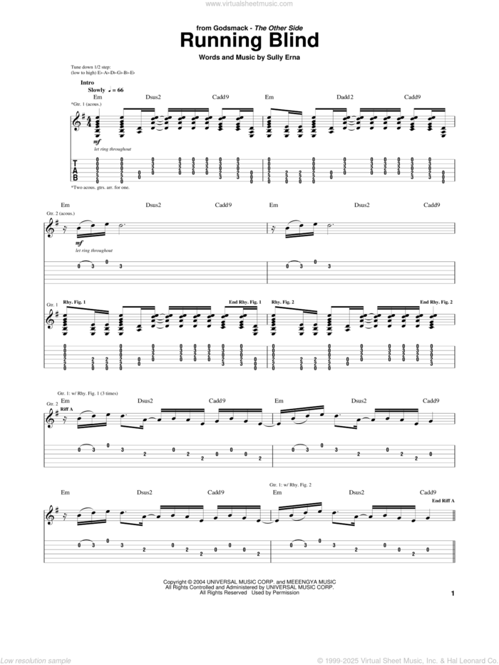 Running Blind sheet music for guitar (tablature) by Godsmack and Sully Erna, intermediate skill level