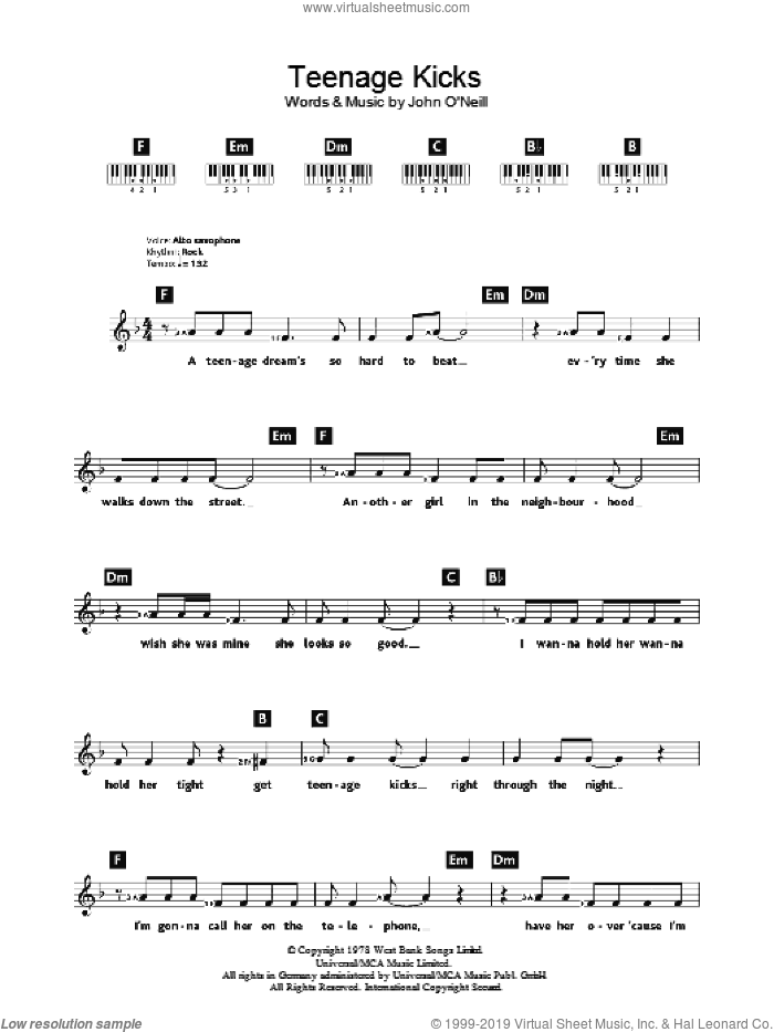 Teenage Kicks sheet music for piano solo (chords, lyrics, melody) by The Undertones, intermediate piano (chords, lyrics, melody)