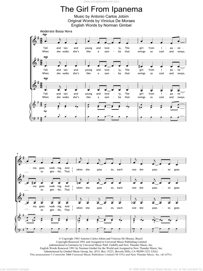 The Girl From Ipanema (Garota De Ipanema) sheet music for choir by Antonio Carlos Jobim, Norman Gimbel and Vinicius de Moraes, intermediate skill level