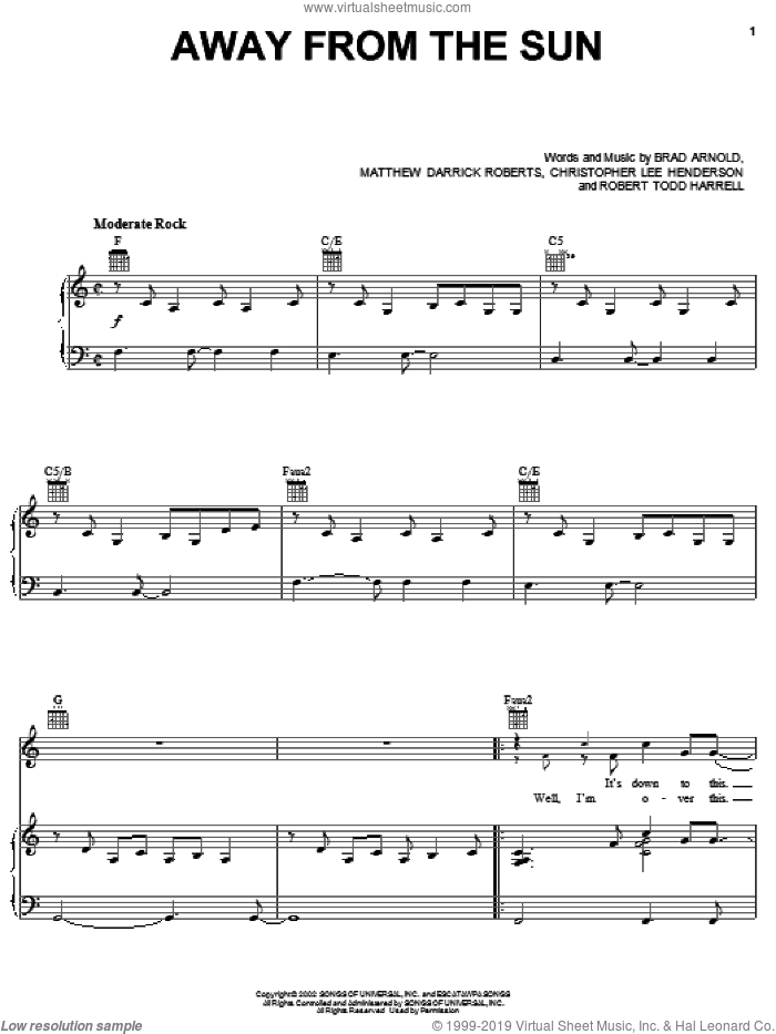 Away From The Sun sheet music for voice, piano or guitar by 3 Doors Down, Brad Arnold, Christopher Henderson, Matt Roberts and Robert Harell, intermediate skill level