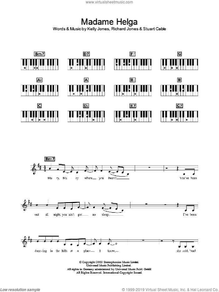 Madame Helga sheet music for piano solo (chords, lyrics, melody) by Stereophonics, Kelly Jones, Richard Jones and Stuart Cable, intermediate piano (chords, lyrics, melody)