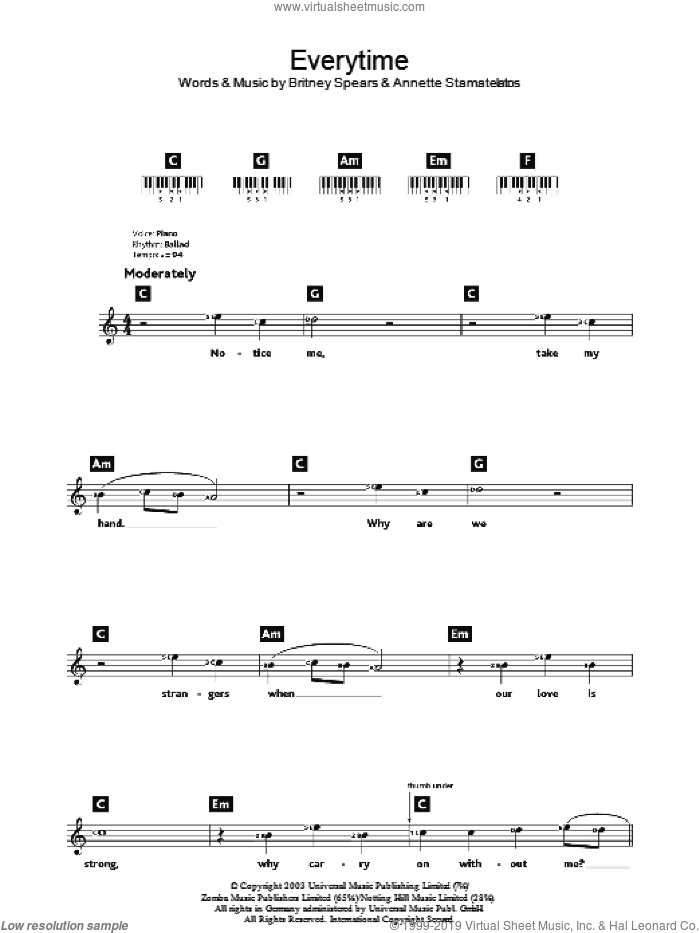 Everytime sheet music for piano solo (chords, lyrics, melody) by Britney Spears and Annette Stamatelatos, intermediate piano (chords, lyrics, melody)