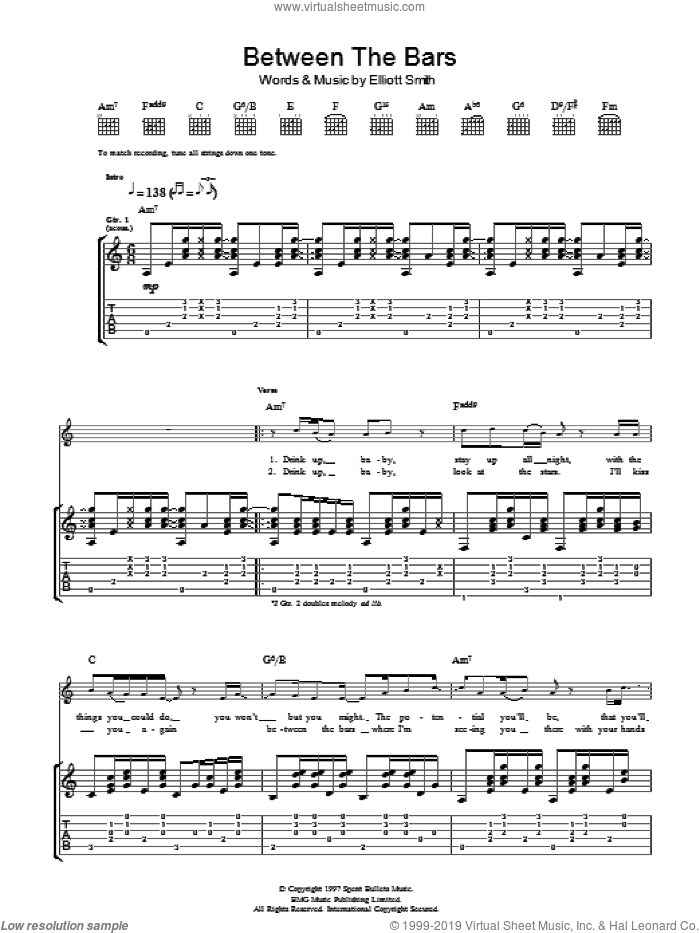 Between The Bars sheet music for guitar (tablature) by Elliott Smith, intermediate skill level